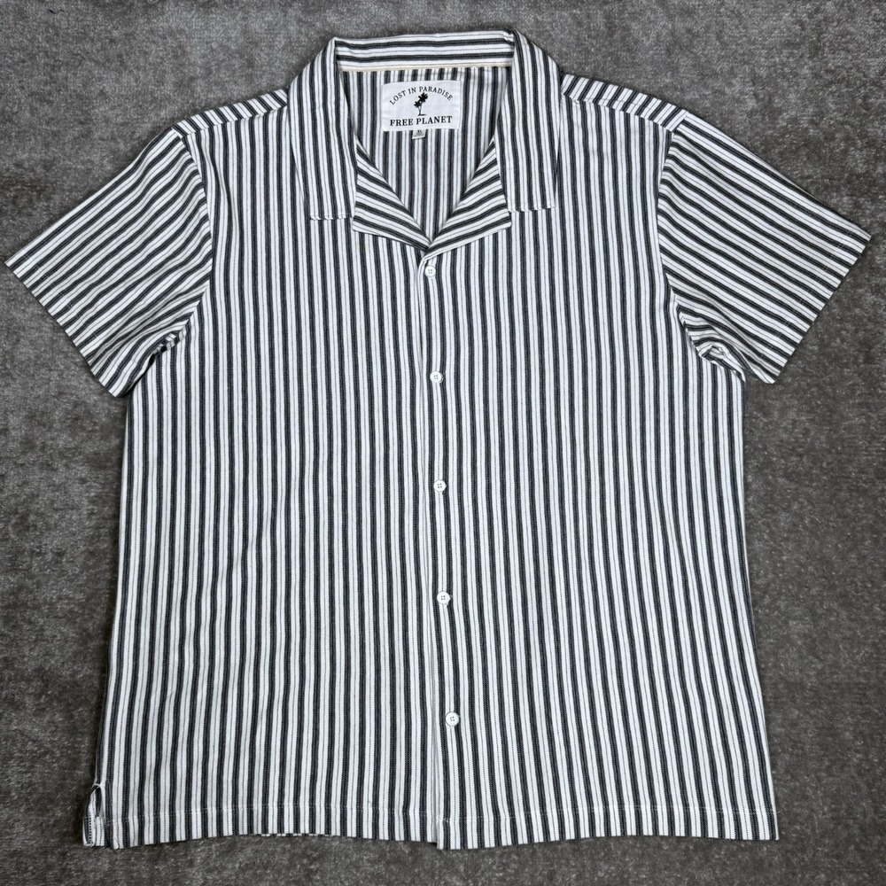 Free Planet Shirt Men's XL White Striped Camp Button Up Cotton Short Sleeve‎